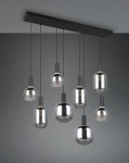 Lampa wisząca Diva z 8 źródłami światła E27, w kolorze czarnym i chromowanym. Szklane klosze w różnych kształtach zawieszone na cienkich, czarnych linkach. Montaż na metalowej listwie sufitowej, minimalistyczny design, idealna do nowoczesnych wnętrz.