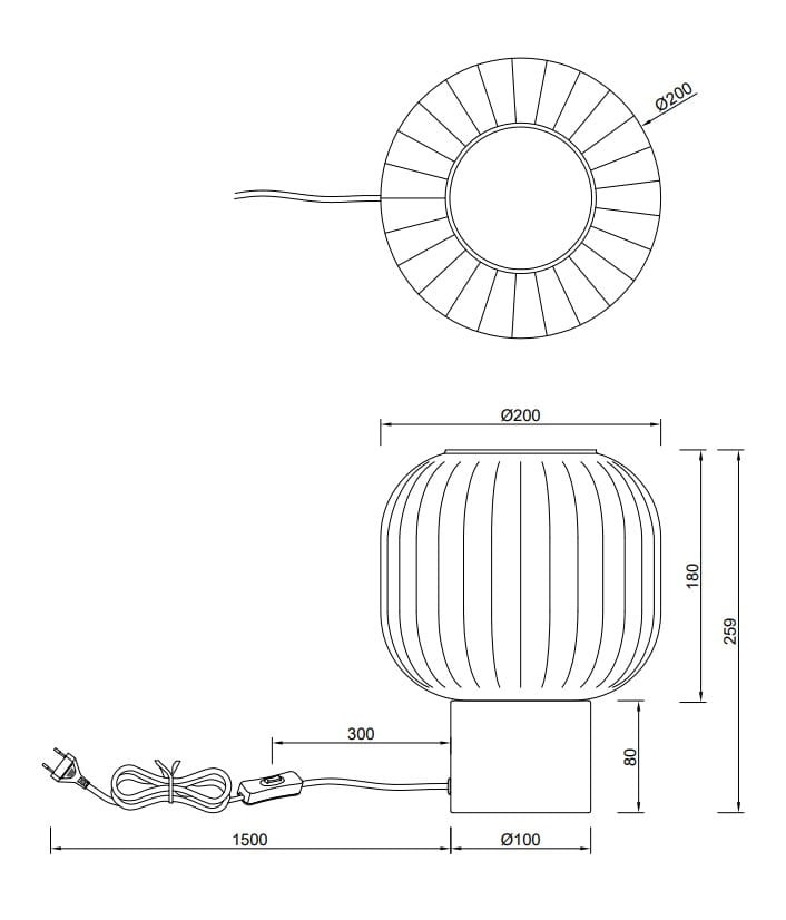 Lampa stołowa Diva 1xE27 w kolorze mosiądzu i białym. Okrągła podstawa o średnicy 10 cm, klosz o średnicy 20 cm z żłobieniami, wysokość całkowita 25,9 cm. Kabel z włącznikiem o długości 150 cm.