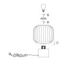 Diva lampa stołowa w kolorze czarnym z chromowanymi detalami, z kloszem w kształcie kulistym z rowkami. Widoczny kabel z włącznikiem, miejsce na żarówkę E27. Produkt przedstawiony w ujęciu z boku z elementami montażowymi.
