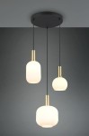 Lampa wisząca Diva z trzema kloszami w kolorze białym i złotymi detalami, zawieszona na czarnych linkach. Klosze mają różne kształty: cylindryczny, okrągły i stożkowy, montowane na okrągłej podstawie sufitowej.
