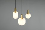 Lampa wisząca Diva z trzema źródłami światła E27. Szklane klosze w odcieniach białym i złotym, o zaokrąglonym kształcie, zawieszone na czarnych przewodach. Widoczny elegancki detal w postaci złotych mocowań. Idealna do nowoczesnych wnętrz.