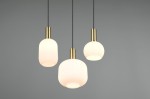 Lampa wisząca Diva 3xE27 w kolorze czarnym i białym, z trzema szklanymi kloszami o różnym kształcie (okrągły, cylindryczny, owalny) i złotymi podstawami. Zawieszona na czarnych linkach, idealna do nowoczesnych wnętrz.