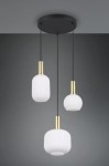 Lampa wisząca Diva z trzema kloszami E27 w kolorze białym i złotymi elementami, zawieszona na czarnych linkach. Klosze mają różne kształty: cylindryczny, okrągły oraz lekko zaokrąglony, wiszące z okrągłej, czarnej podstawy.