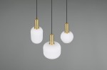 Lampa wisząca Diva w kolorze czarnym i białym z trzema kloszami. Klosze mają teksturowaną, białą powierzchnię i złote mocowania. Ujęcie z góry, ukazujące różne kształty kloszy: cylindryczny i kulisty. Prosty szary background.