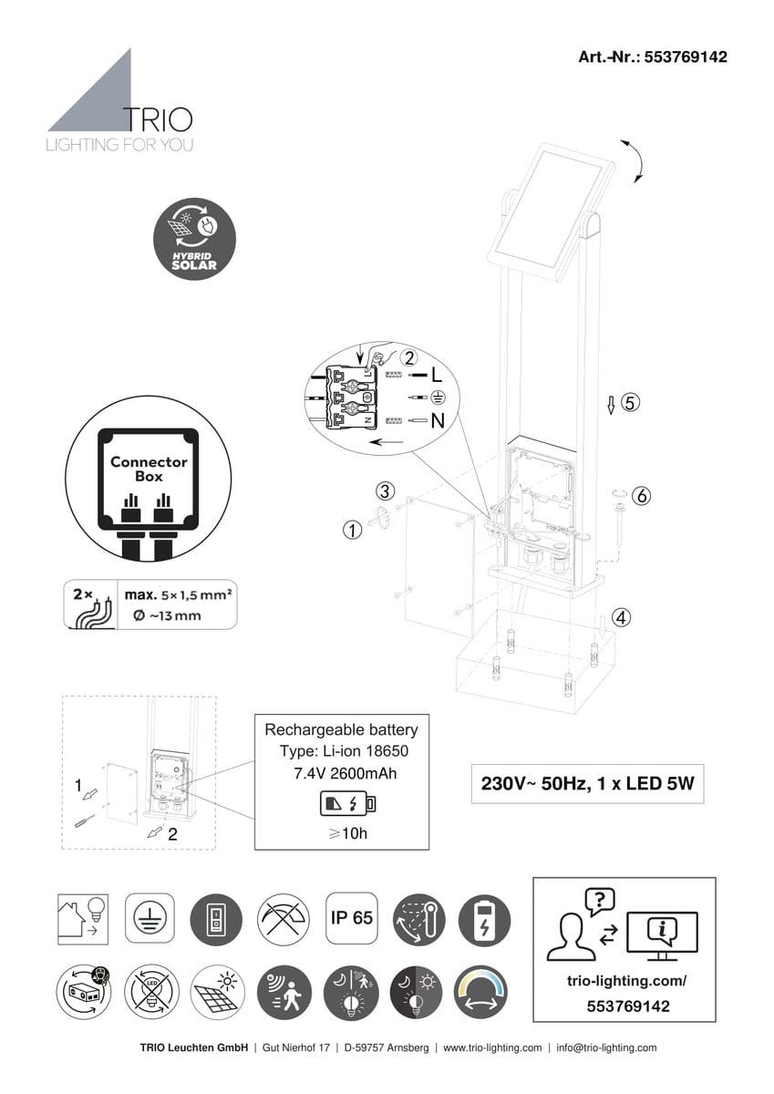 Malawi H61 lampa ogrodowa z czujnikiem ruchu, antracytowa, z jedną diodą LED 5W. Ujęcie frontalne, stojąca, IP65. Widoczne detale konstrukcji, w tym miejsce na akumulator, z oznaczeniami elektrycznymi i symbolem hybrydowego zasilania.