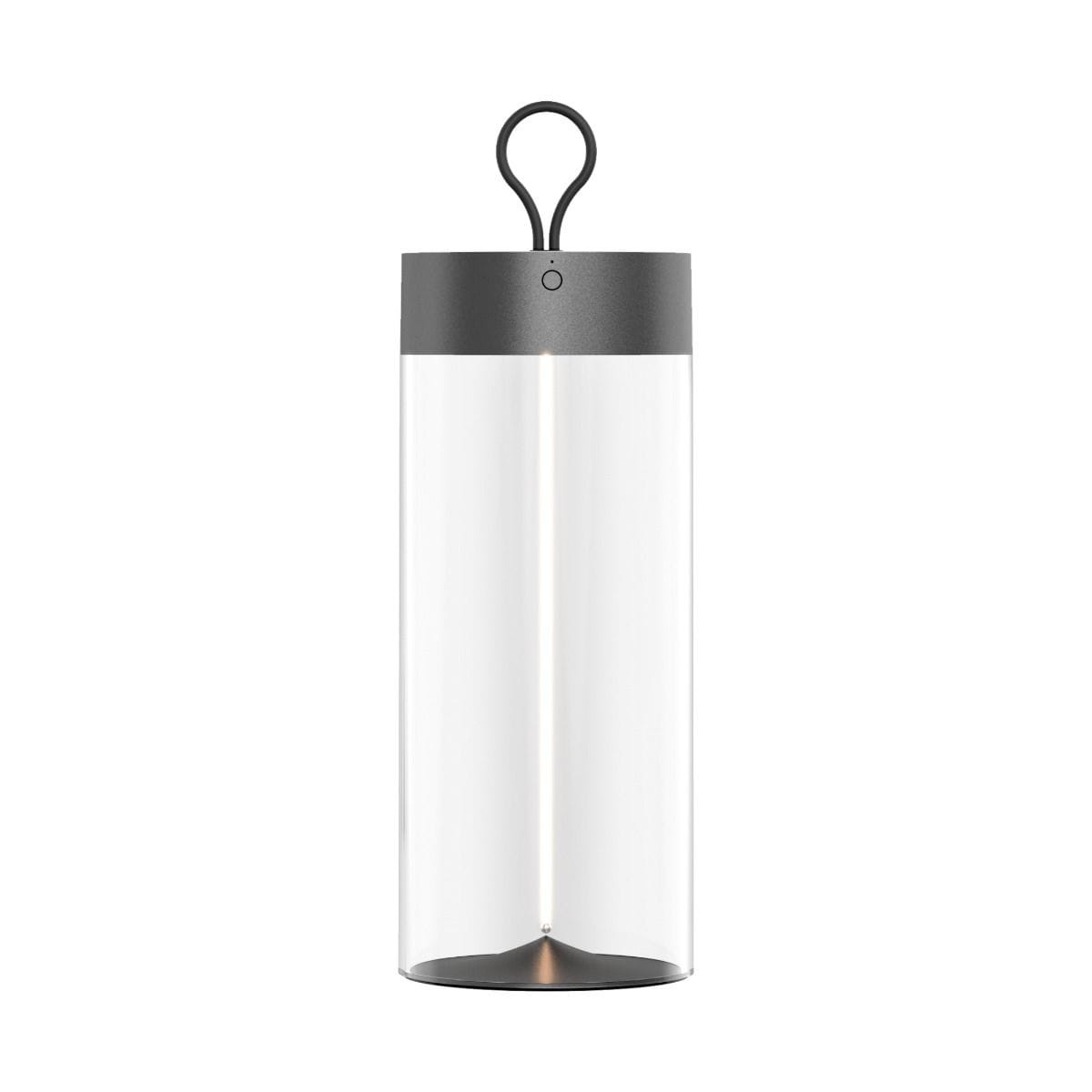 Szara lampa stołowa Esterno z jedną diodą LED o mocy 1,2W, o cylindrycznym kształcie z przezroczystym kloszem. U góry znajduje się uchwyt do zawieszenia. Produkt odporny na warunki atmosferyczne (IP44), idealny do użytku na zewnątrz.