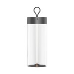 Szara lampa stołowa Esterno z jedną diodą LED o mocy 1,2W, o cylindrycznym kształcie z przezroczystym kloszem. U góry znajduje się uchwyt do zawieszenia. Produkt odporny na warunki atmosferyczne (IP44), idealny do użytku na zewnątrz.