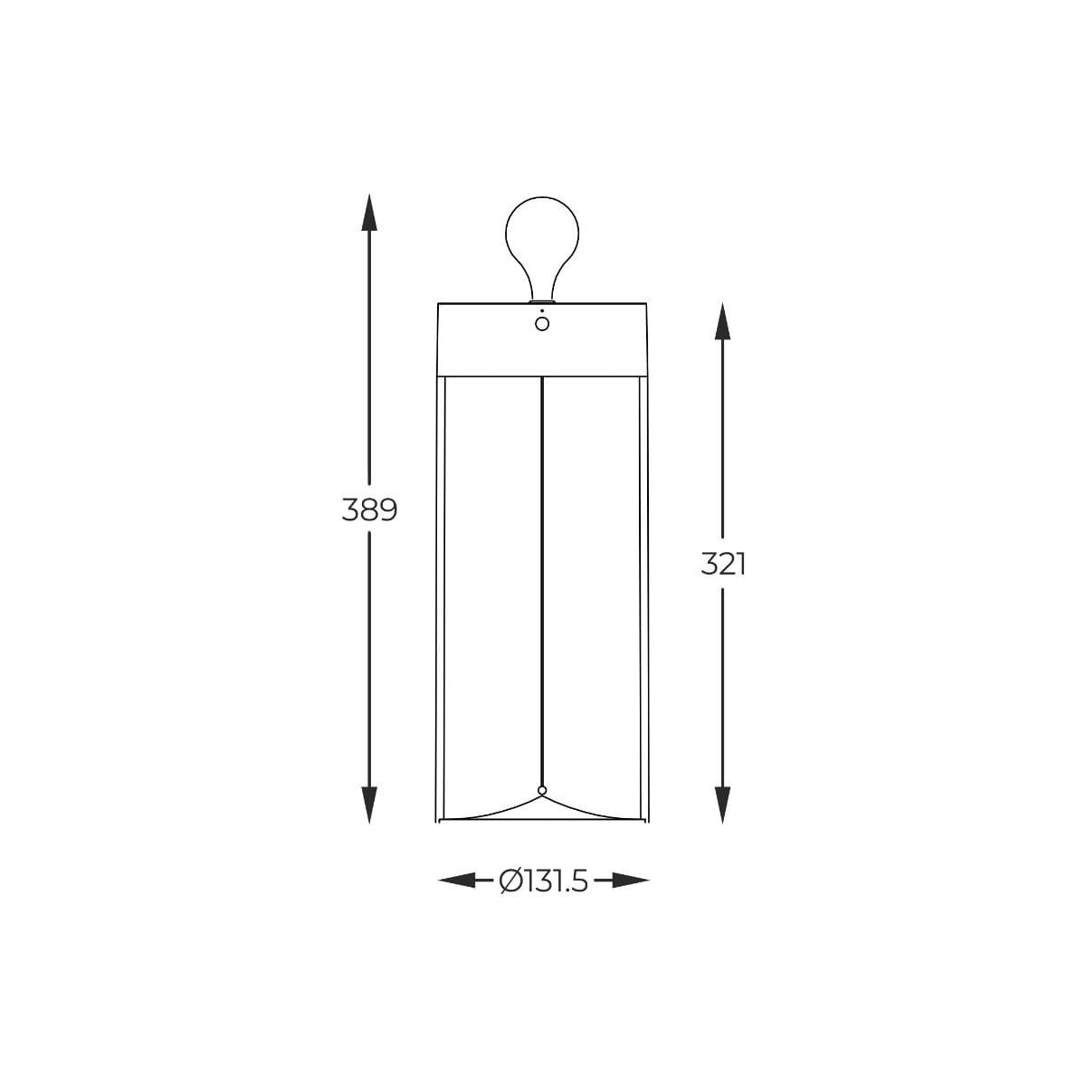 Szara lampa stołowa Esterno z jedną żarówką LED 1,2W, o wymiarach 389 mm wysokości i 131,5 mm średnicy. Otwarta na dole, z uchwytem na górze, przeznaczona do użytku zewnętrznego, o stopniu ochrony IP44.