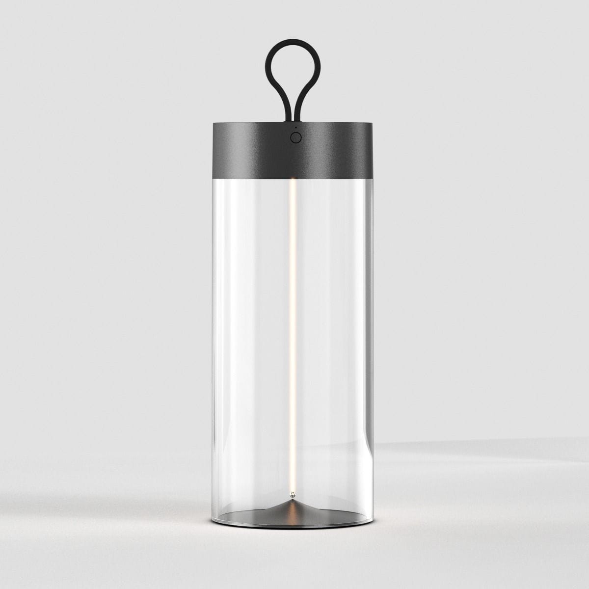 Szara lampa stołowa Esterno z przezroczystą osłoną, zintegrowanym źródłem LED 1,2W, o stopniu ochrony IP44. Lampa ma okrągłą podstawę i uchwyt do zawieszenia, prezentowana na jednolitym tle.