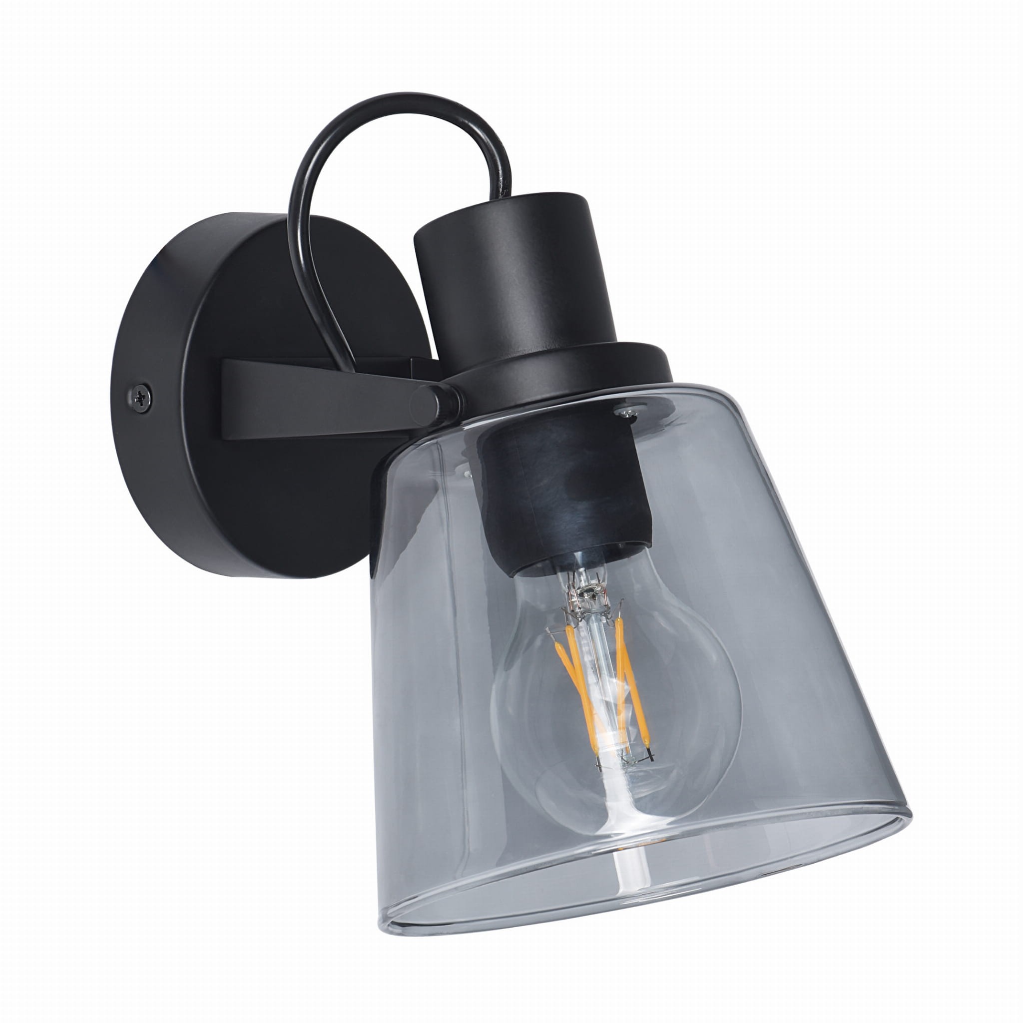 Kinkiet Badosa w kolorze czarnym z kloszem z przezroczystego szkła. E27, z widoczną żarówką. Ujęcie z boku, zamontowany na okrągłej podstawie. Prosty design, idealny do nowoczesnych wnętrz.