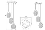 Lampa wisząca Facette 3xE27 w kolorze czarnym z multikolorowymi kloszami o kształcie jajka, zawieszona na trzech linkach. Wymiary kloszy: Ø30 cm, wysokość 150 cm. Baza prostokątna, minimalistyczny design.