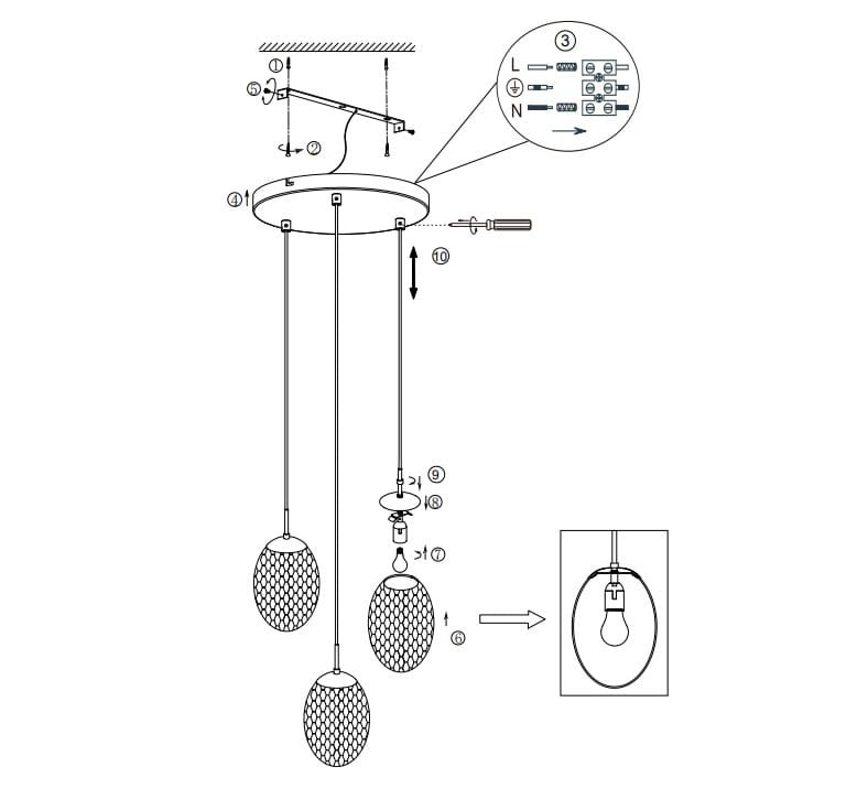 Lampa wisząca Facette 3xE27 w kolorze czarnym z multikolorowymi kloszami o kształcie jajka. Zawieszona na trzech przewodach, z okrągłym mocowaniem sufitowym. Przeznaczona do oświetlenia wnętrz.