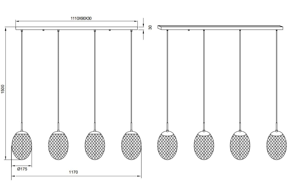 Lampa wisząca Facette, czarna z multikolorowymi abażurami, zawieszona na trzech cienkich linkach. Wymiary: długość 1170 mm, wysokość 1500 mm. Abażury w kształcie kul z siateczkowym wzorem. Działa na 4 żarówki E27.