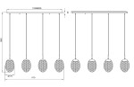 Lampa wisząca Facette, czarna z multikolorowymi abażurami, zawieszona na trzech cienkich linkach. Wymiary: długość 1170 mm, wysokość 1500 mm. Abażury w kształcie kul z siateczkowym wzorem. Działa na 4 żarówki E27.