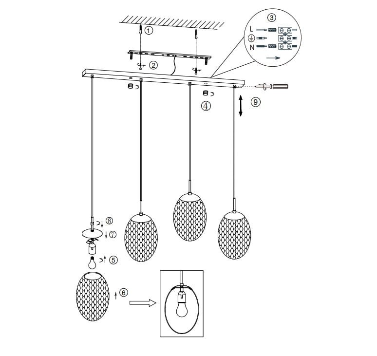 Lampa wisząca Facette, czarna z multikolorowymi kloszami, przeznaczona na 4 żarówki E27. Posiada owalne, siatkowe klosze oraz regulowane zawieszenie. Montaż na suficie, widok z góry z instrukcją.