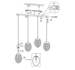 Lampa wisząca Facette, czarna z multikolorowymi kloszami, przeznaczona na 4 żarówki E27. Posiada owalne, siatkowe klosze oraz regulowane zawieszenie. Montaż na suficie, widok z góry z instrukcją.