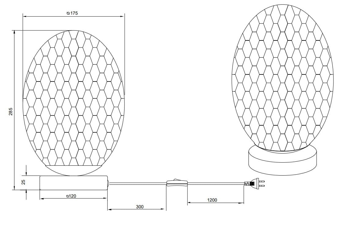 Lampa stołowa Facette z oprawą w czarnym kolorze i przydymionym kloszem w kształcie owalnym, wykonanym z materiału w strukturze plastra miodu. Wysokość 285 mm, średnica 175 mm, z okrągłą podstawą. Kabel o długości 1200 mm z włącznikiem.