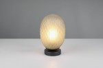 Lampa stołowa Facette w kształcie owalnym z przezroczystym kloszem o teksturowanej powierzchni, osadzona na czarnej podstawie. Emituje ciepłe światło, idealna do użytku domowego. Ujęcie frontalne, produkt leży na białym stole.