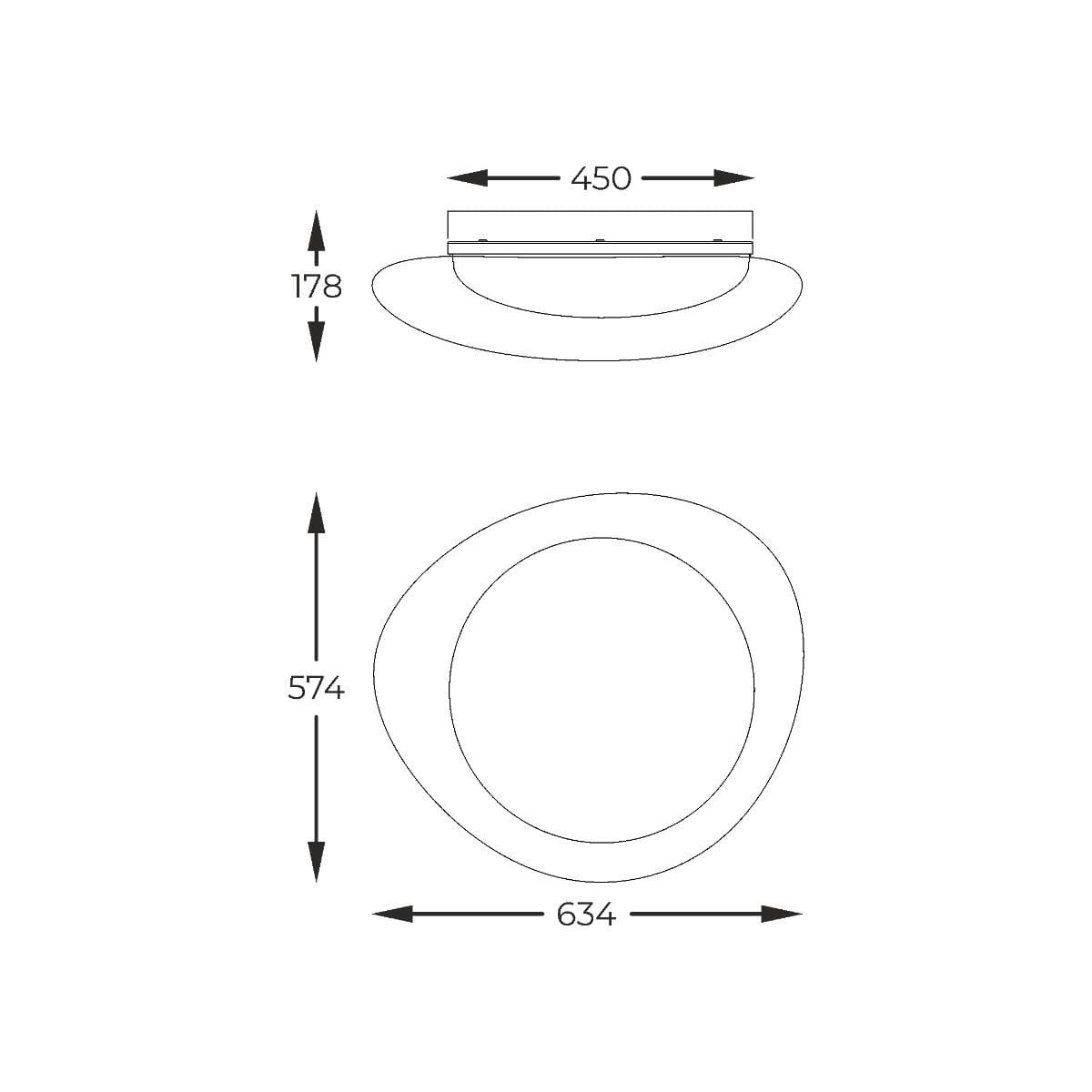 Plafon Aura 1xLED/36W w kolorze białym o okrągłym kształcie, z wymiarami 450 mm średnicy i 178 mm wysokości. Zawiera zamocowanie na suficie, prezentowany w widoku z góry oraz z boku.