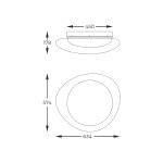 Plafon Aura 1xLED/36W w kolorze białym o okrągłym kształcie, z wymiarami 450 mm średnicy i 178 mm wysokości. Zawiera zamocowanie na suficie, prezentowany w widoku z góry oraz z boku.