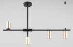 Lampa sufitowa Saur 4xGU10 w kolorze czarno-złotym, z czarnym metalowym stelażem i czterema cylindrycznymi kloszami w złotym wykończeniu. Produkt zawieszony poziomo, z widocznym kablem podtrzymującym. Tło jasne, jednolite.