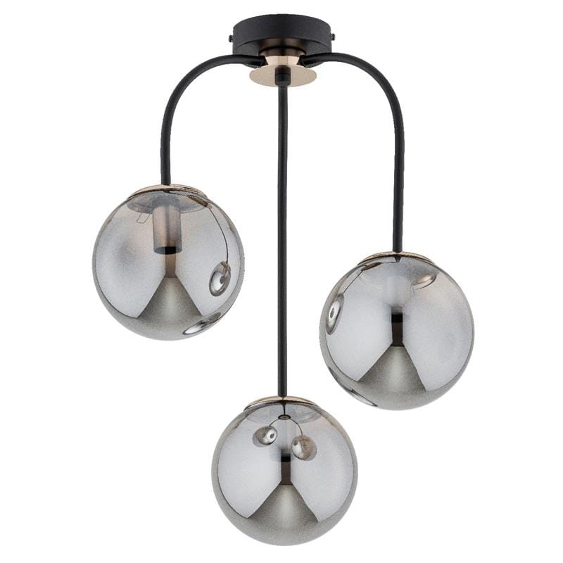 Lampa sufitowa Gamma 3xE14 w kolorze czarnym i grafitowym, z trzema szklanymi kulami o metalicznym wykończeniu. Ujęcie frontalne, zawieszona na czarnych przewodach, z widocznym mocowaniem sufitowym. Idealna do nowoczesnych wnętrz.