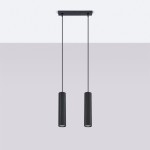 Lampa wisząca Karbon 2 z dwoma cylindrycznymi kloszami w kolorze czarnym, zawieszona na długich linkach. Klosze mają teksturowaną powierzchnię z pionowymi żłobieniami. Montaż sufitowy z prostokątną podstawą.