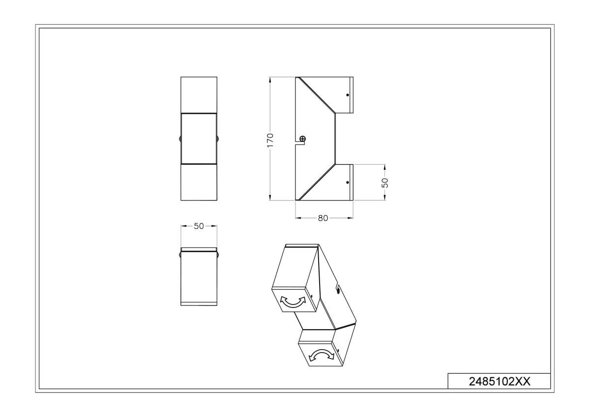 Raglan kinkiet w kolorze białym, z dwoma źródłami LED o mocy 7,6W. Kinkiet ma kształt złożony z dwóch prostopadłych części, wymiar 170 mm wysokości, 80 mm szerokości i 50 mm głębokości, montowany na ścianie.