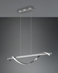 Lampa wisząca Isabel LED, 2-punktowa, w chromowanym wykończeniu. Posiada prostokątną bazę sufitową oraz dwa zwisające kabelki, na których zawieszony jest smukły, falisty element świetlny. Tło w odcieniach szarości.