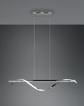 Lampa wisząca Isabel LED 2-punktowa w chromie, z płaską podstawą i falującymi elementami. Zawieszona na cienkich linkach, w nowoczesnym, minimalistycznym stylu. Tło w odcieniach szarości, podkreślające elegancję lampy.