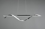 Lampa wisząca Isabel LED w chromie, z dwoma punktami świetlnymi. Posiada prostokątną, lśniącą podstawę oraz dwie faliste, metaliczne wstęgi. Zawieszona na cienkich linkach, idealna do nowoczesnych wnętrz. Tło szare, minimalistyczne.