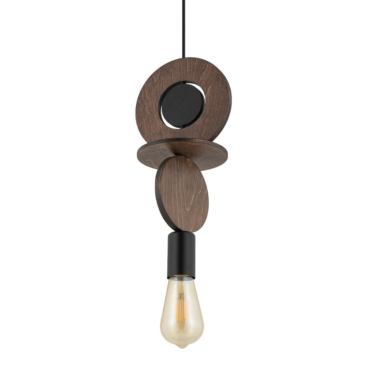 Lampa wisząca Drops Wood C z jedną oprawą E27, w kolorze czarnym i ciemnego drewna. Posiada okrągłe, warstwowe elementy z drewna oraz czarną oprawę żarówki. Zawieszona na czarnym przewodzie, prezentuje nowoczesny, minimalistyczny design.