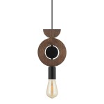Lampa wisząca Drops Wood D z jedną oprawą E27, w kolorze czarnym i ciemnego drewna. Posiada okrągłą, teksturowaną podstawę z otworem oraz czarną oprawę na żarówkę. Powieszona na cienkim kablu, prezentuje nowoczesny design.
