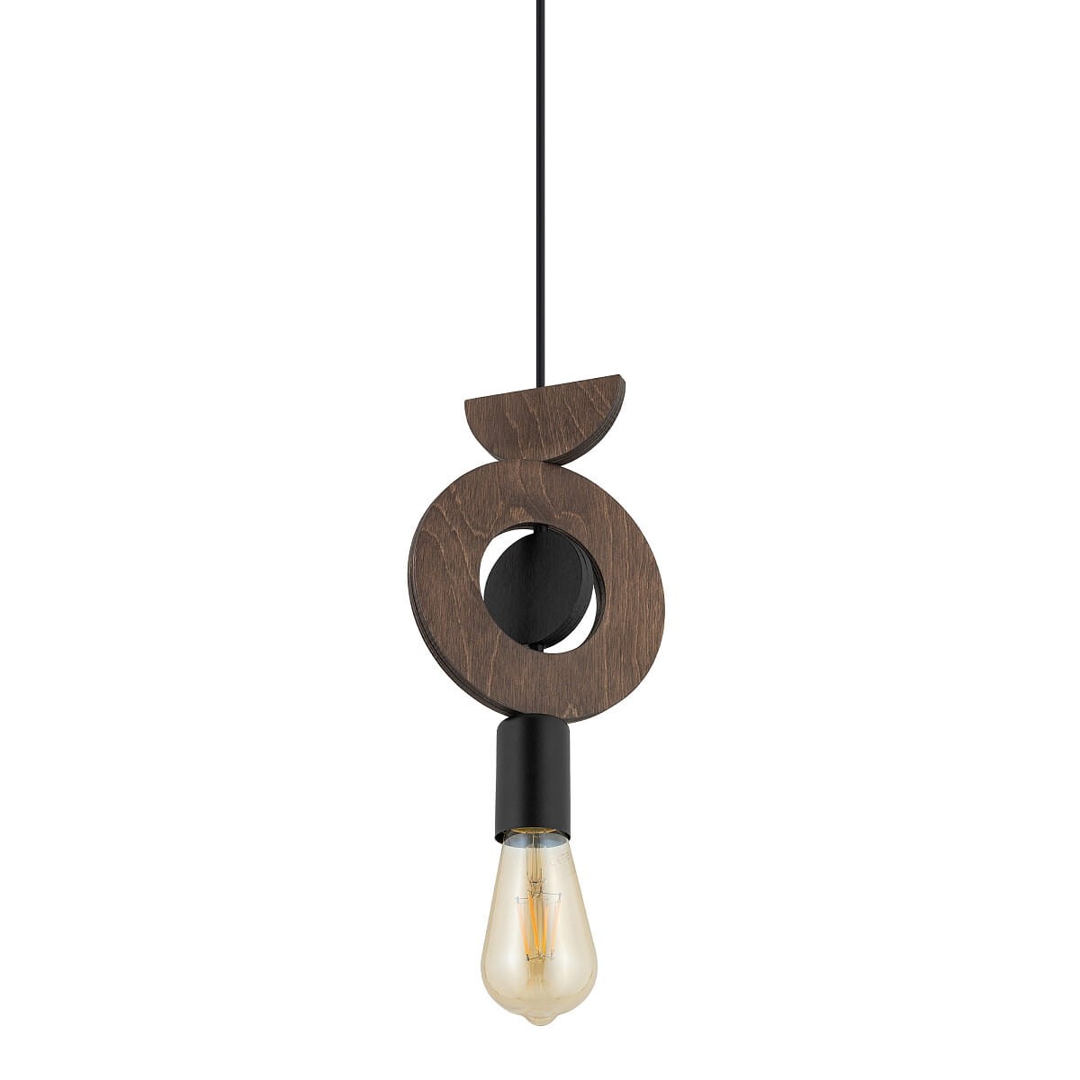 Lampa wisząca Drops Wood D z jedną oprawą E27, w kolorze czarnym z ciemnego drewna. Okrągły element drewniany z wycięciem, zawieszony na czarnym przewodzie. Żarówka widoczna na dole, lampa w stylu nowoczesnym.