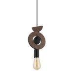 Lampa wisząca Drops Wood D z jedną oprawą E27, w kolorze czarnym z ciemnego drewna. Okrągły element drewniany z wycięciem, zawieszony na czarnym przewodzie. Żarówka widoczna na dole, lampa w stylu nowoczesnym.