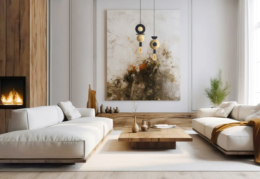 Lampa wisząca Drops Wood E w kolorze czarnym i złotym, z miejscem na jedną żarówkę E27. Zawieszona w nowoczesnym wnętrzu, z drewnianymi elementami i jasnymi kanapami, tworzy elegancki akcent w aranżacji.