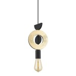 Lampa wisząca Drops Wood F z jednym gniazdem E27, w kolorze czarnym i złotym. Posiada okrągły złoty element z otworem oraz czarną, prostą podstawę. Zawieszona na cienkim czarnym przewodzie, z widoczną żarówką w stylu retro.