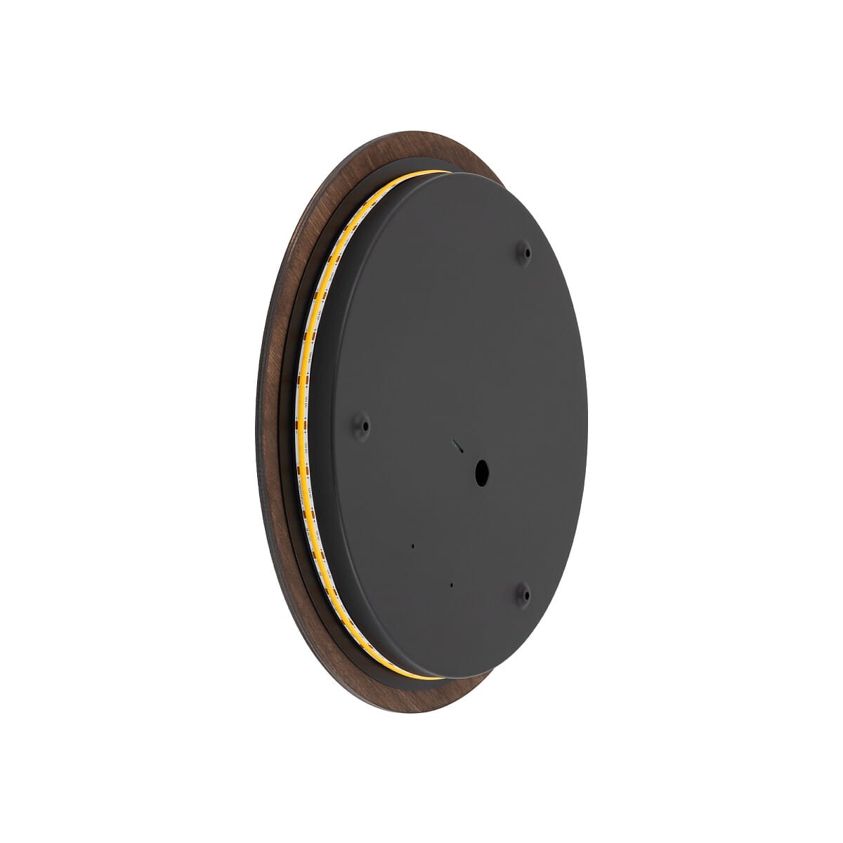 Lampa sufitowa Ring Timber w ciemnym drewnie, okrągła, z zamontowanym źródłem LED 13W o ciepłej barwie 3000K. Widoczna czarna osłona z boku, z delikatnym podświetleniem. Produkt w pozycji wiszącej, z widocznymi elementami mocującymi.