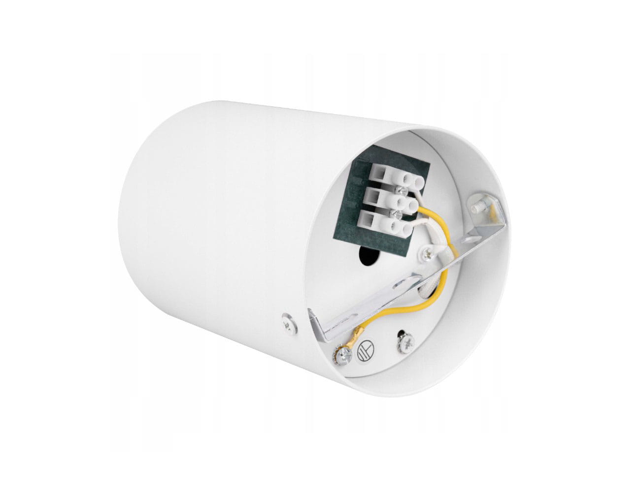 Lampa sufitowa Devo w kształcie białej tuby z jednym gniazdem GU10. Widok z boku, ukazujący wewnętrzne okablowanie i mocowanie. Prosty design, idealna do oświetlenia kierunkowego w różnych wnętrzach.