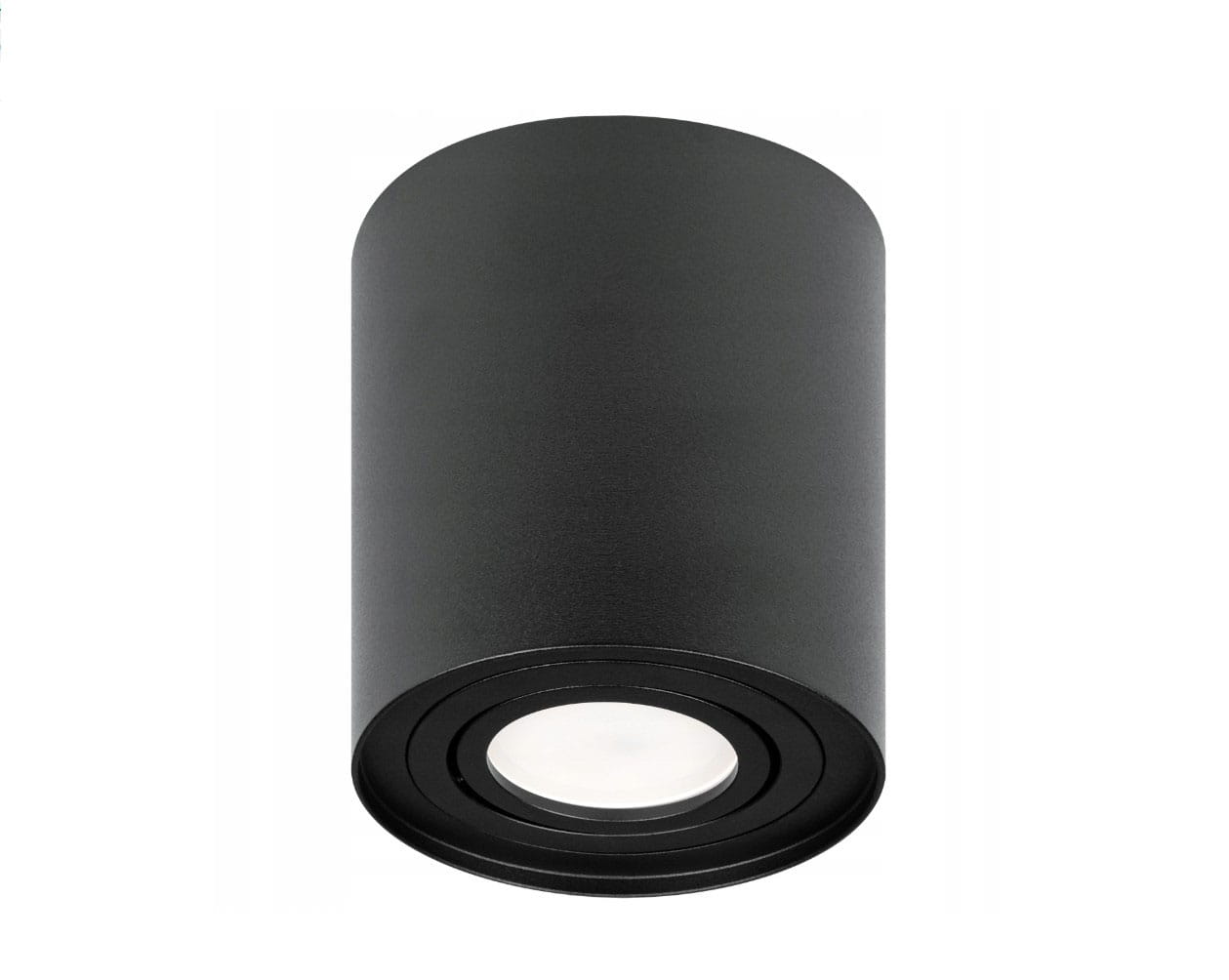 Czarna lampa sufitowa tuba kierunkowa Devo, z oprawą w formie cylindrycznej, z jedną żarówką GU10. Ujęcie z dołu, ukazujące jasną soczewkę w środku oraz teksturowaną powierzchnię obudowy. Produkt przeznaczony do montażu na suficie.