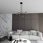 Lampa wisząca Modus 4xGX53 w kolorze czarnym, o nowoczesnym designie, z czterema okrągłymi źródłami światła. Zawieszona na cienkich linkach, umiejscowiona w nowoczesnym wnętrzu z szaro-białymi akcentami.