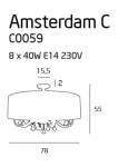 Lampa sufitowa Amsterdam C0059, 8-punktowa, z miejscem na 8 żarówek E14, wymiary: średnica 78 cm, wysokość 55 cm, grubość 2 cm. Prosty, elegancki design z centralnym uchwytem, idealna do oświetlenia dużych przestrzeni.
