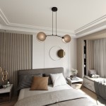 Lampa wisząca Motif z dwoma źródłami światła E14 w kolorze czarnym i naturalnym. Posiada okrągłe klosze z tekstury, zawieszona na czarnych linkach. Zainstalowana w nowoczesnej sypialni z jasnymi ścianami i minimalistycznym wystrojem.