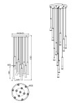 Lampa wisząca Fiato z 11 źródłami LED o mocy 33W, czarna z wielokolorowym oświetleniem. Posiada okrągłą podsufitkę o średnicy 40 cm, z długimi, wiszącymi kloszami w kształcie smukłych cylindrów. Wysokość całkowita wynosi 150 cm.
