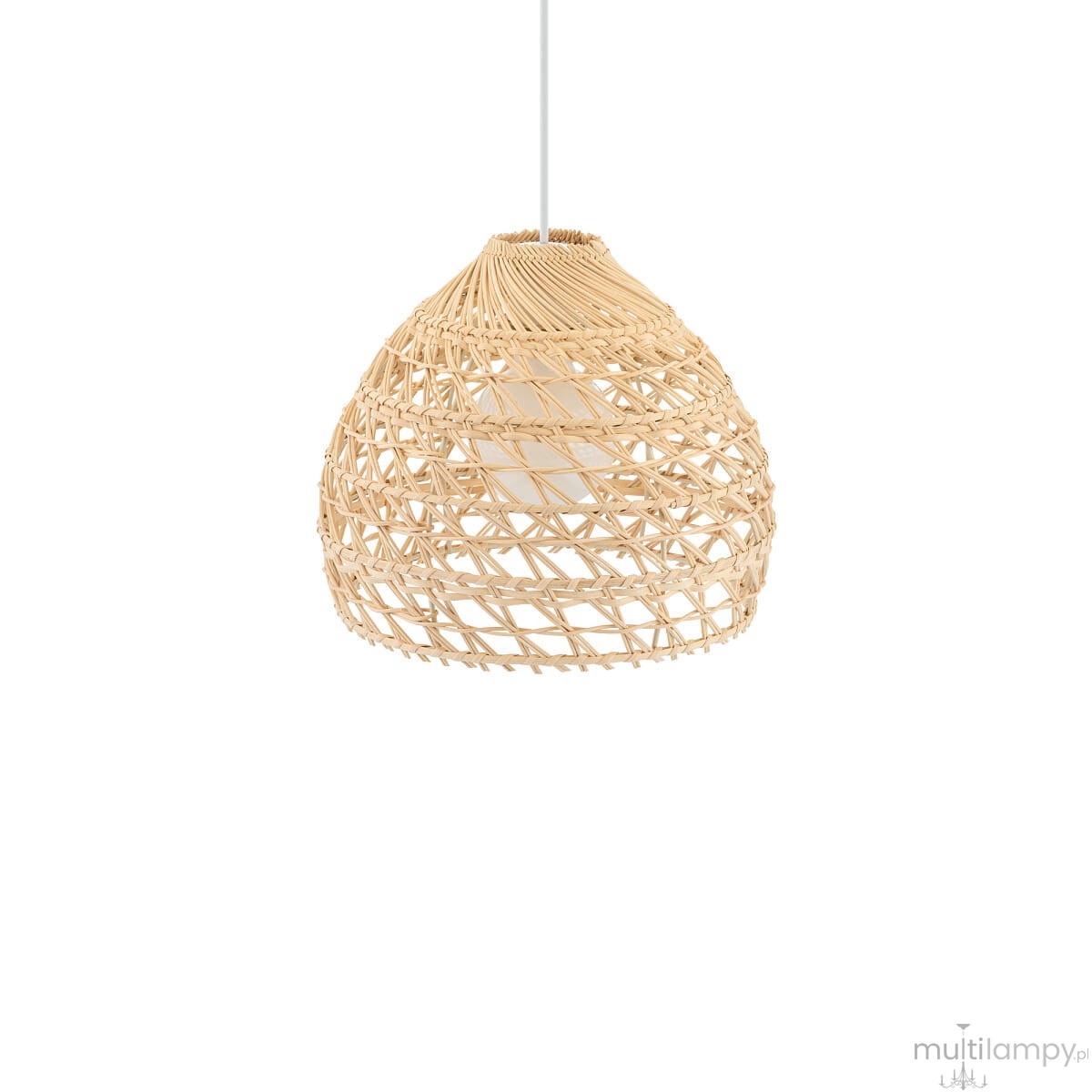 Lampa wisząca Boho S w kolorze białym i rattanowym, o kulistym kształcie, z plecionką. Zawieszona na białym kablu, z miejscem na żarówkę E27. Wykonana z naturalnych materiałów, idealna do aranżacji w stylu boho.