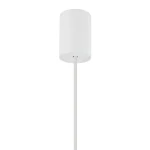 Lampa wisząca Boho S w kolorze białym z kloszem w kształcie cylindrycznym, zawieszona na cienkim białym przewodzie. Produkt przeznaczony do jednej żarówki E27, idealny do nowoczesnych wnętrz. Tło proste, jasne.