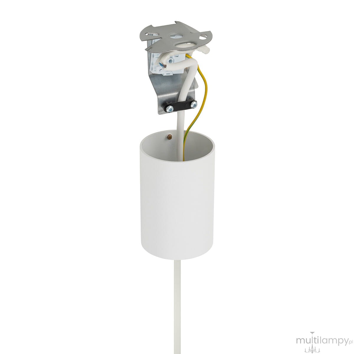 Lampa wisząca Boho S 1xE27 w kolorze białym z rattanowym akcentem. Ujęcie z boku, pokazujące cylindryczny klosz oraz widoczne przewody. Prosta, minimalistyczna forma, idealna do nowoczesnych wnętrz.