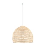 Lampa wisząca Boho L w kolorze białym z rattanowym kloszem o kształcie półkuli. Zawieszona na białym przewodzie, z gniazdem E27, prezentuje naturalną strukturę materiału, idealna do wnętrz w stylu boho.