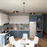 Lampa sufitowa Lotus 2-punktowa w kolorze czarnym i złotym, z nowoczesnym, zaokrąglonym kształtem, zawieszona na cienkim przewodzie, oświetlająca stół w kuchni z niebieskimi i białymi meblami oraz ceramicznymi płytkami na ścianie.