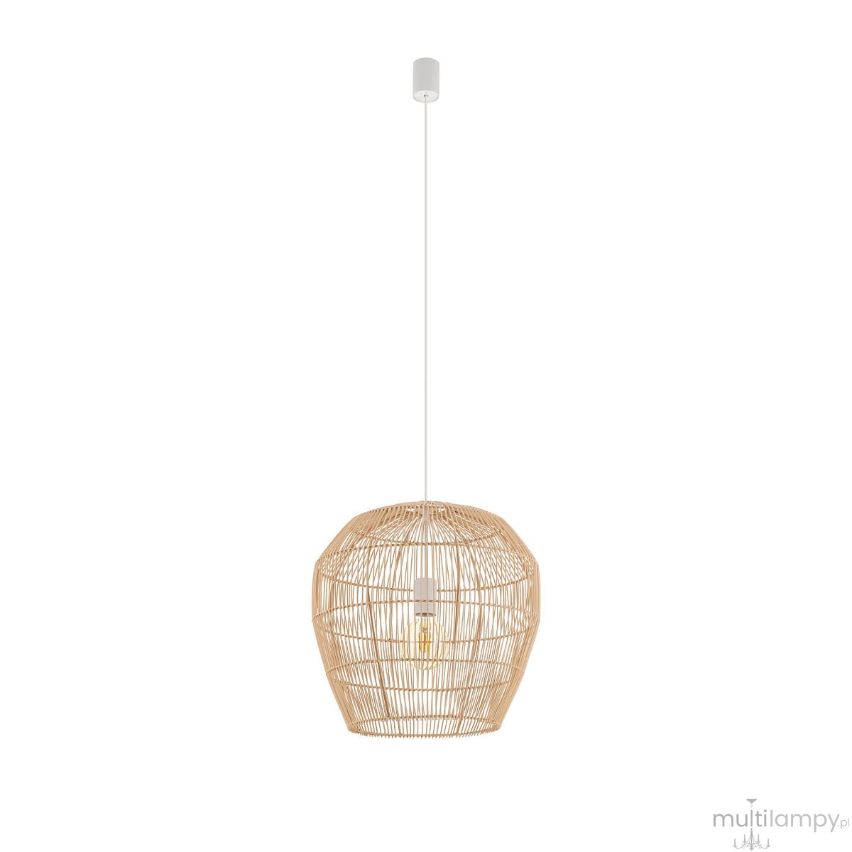 Lampa wisząca Haiti S z białym mocowaniem, wykonana z naturalnych materiałów, o okrągłym kształcie z plecionką. Zawieszona na białym przewodzie, przeznaczona na żarówkę E27. Prosta forma idealna do nowoczesnych wnętrz.